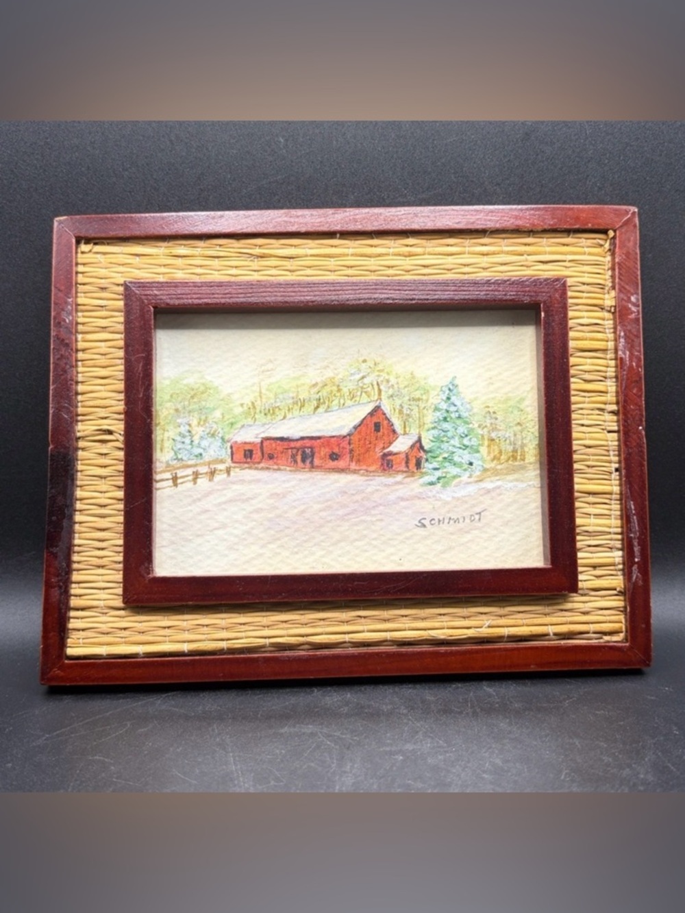 Schmidt Signed Winter Barn Farmhouse Landscape Watercolor Painting Wood Frame